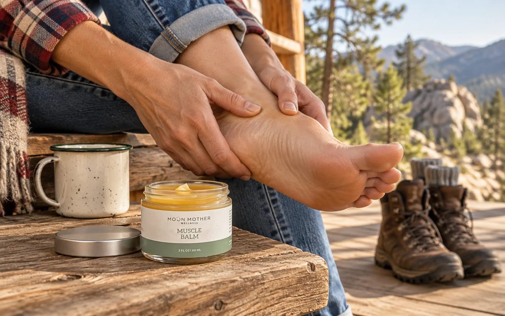 Hands massaging a bare foot on a cabin porch beside an open jar of Moon Mother Wellness Muscle Balm, an enamel mug and hiking boots