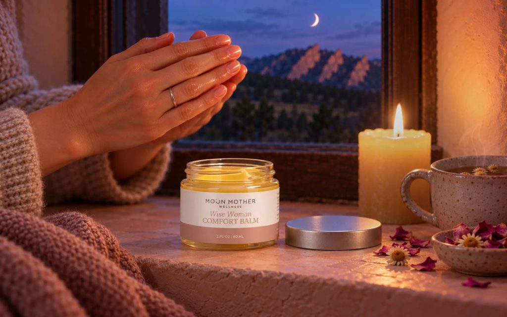Hands warming Wise Woman Comfort Balm beside an open jar, a lit candle and a cup of chamomile tea on a windowsill, with a crescent moon over the Flatirons