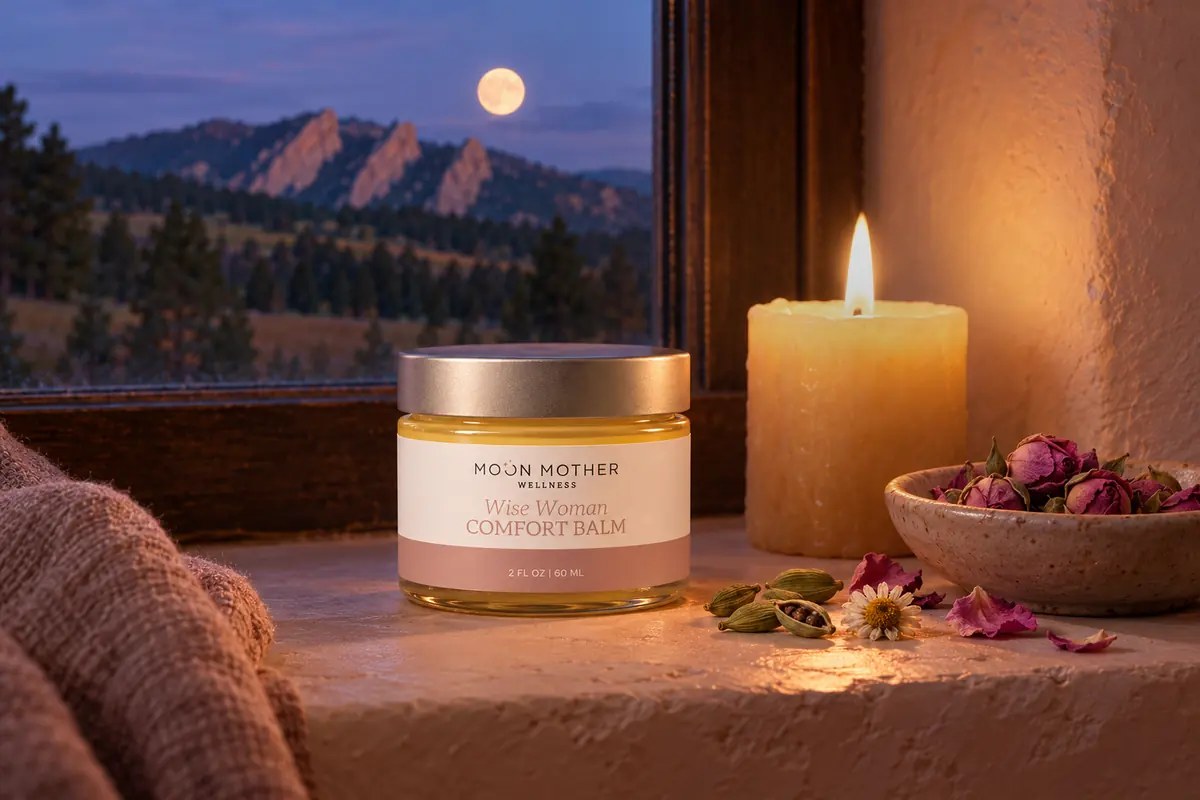 Comfort Balm on a candlelit windowsill under a full moon