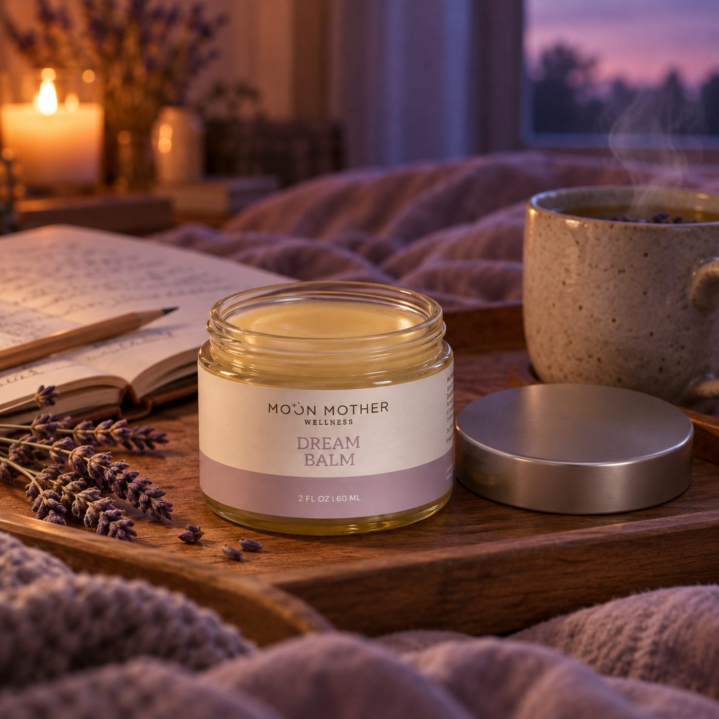 An open jar of Dream Balm on a wooden tray beside a steaming mug of herbal tea, an open journal and a sprig of lavender, with a candle glowing at dusk