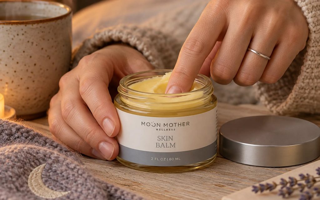 Hands scooping Moon Mother Wellness Skin Balm from an open jar beside a mug of tea, a candle, a cozy knit blanket and lavender