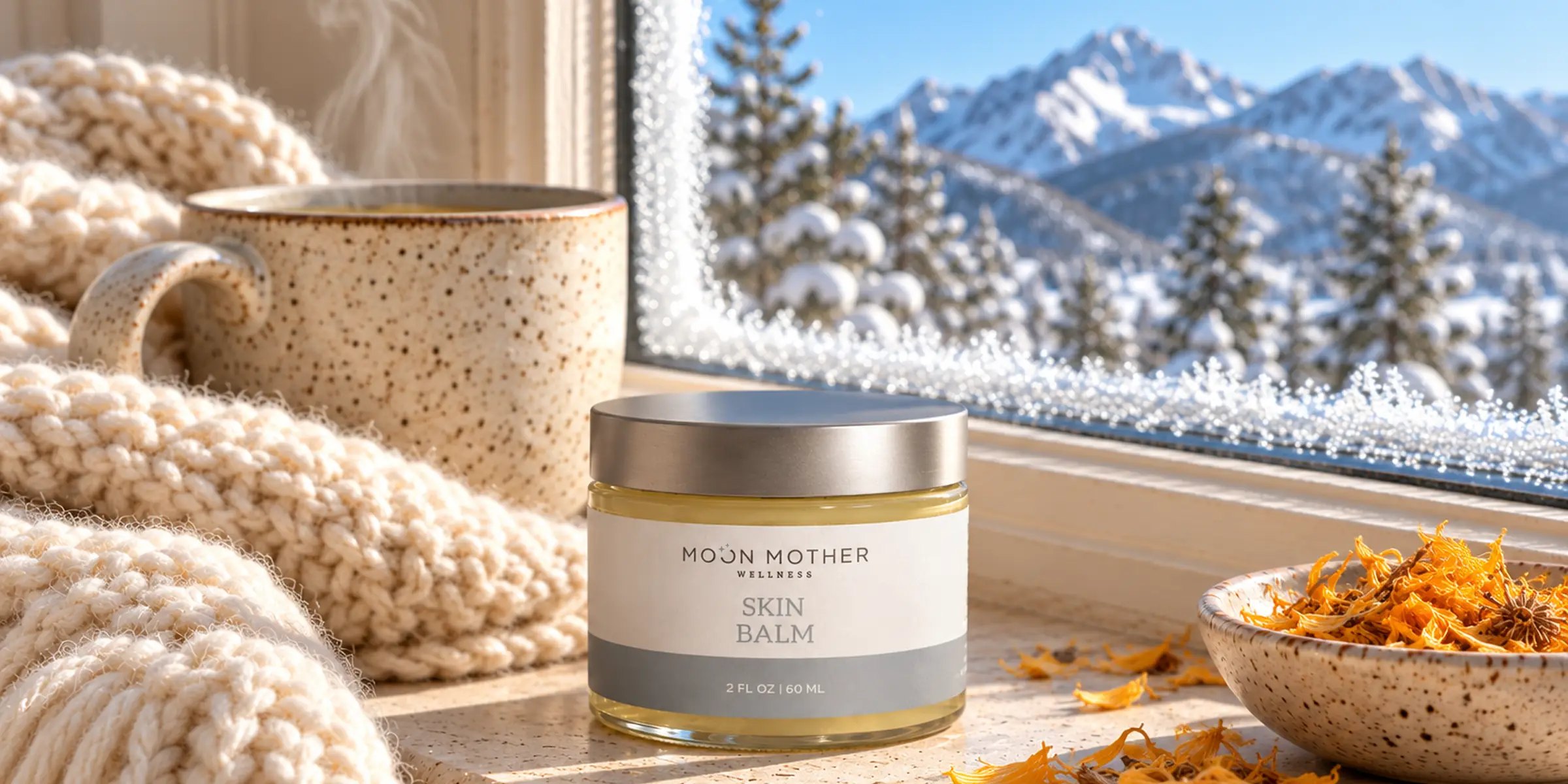 Moon Mother Wellness Skin Balm on a sunny windowsill beside a wool scarf, a mug of tea and calendula, with snowy mountains outside