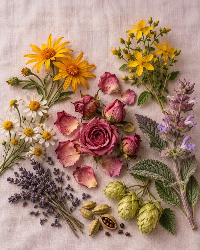 Arnica, chamomile, roses, St. John’s wort, hops, clary sage, lavender and cardamom laid out on linen