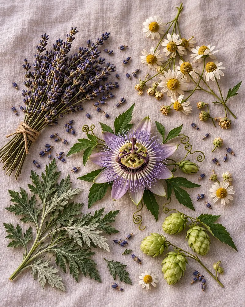 Lavender, chamomile, passionflower, mugwort and hops laid out on linen