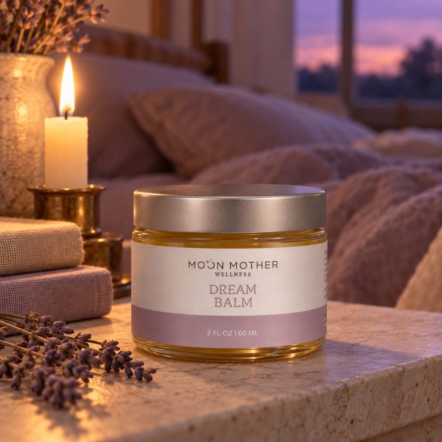 A jar of Dream Balm by candlelight on a bedside table with lavender
