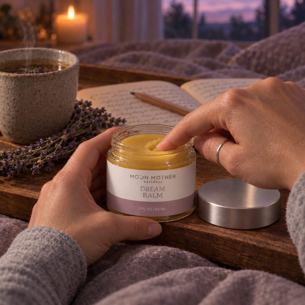 Hands dipping into a jar of Dream Balm beside a mug of lavender tea and an open journal