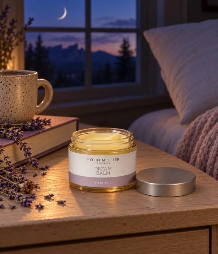 An open jar of Dream Balm on a nightstand with lavender and a mug of tea, a crescent moon outside the window