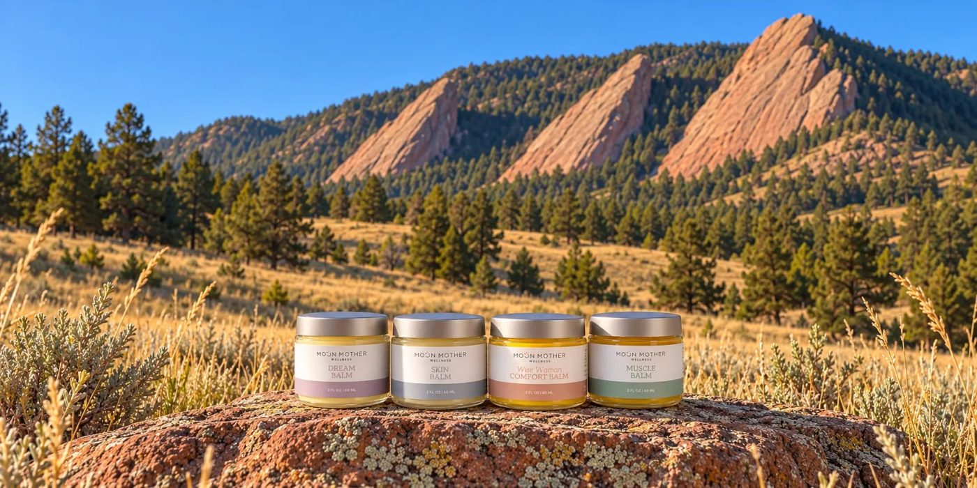 The four Moon Mother Wellness balms below the Flatirons