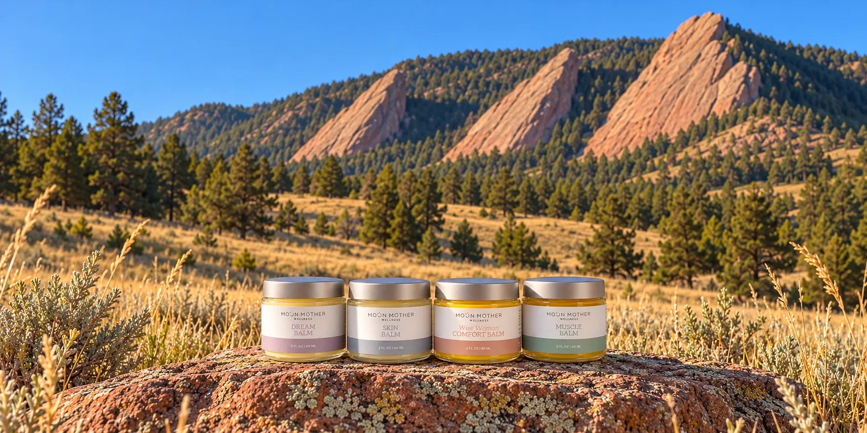 The four Moon Mother Wellness balms below the Flatirons