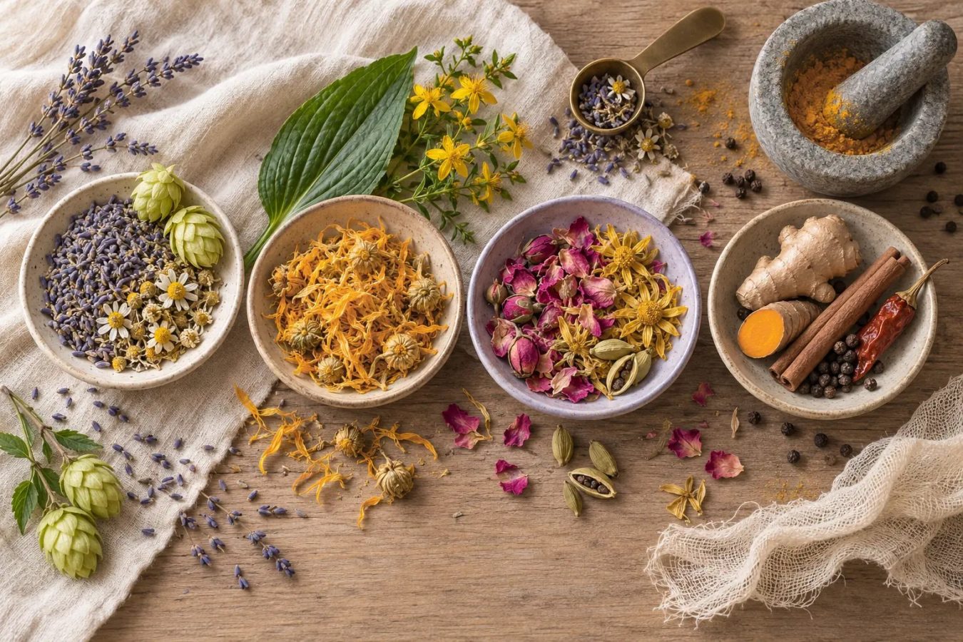 Bowls of dried lavender, hops, chamomile, calendula, rose, arnica, ginger, turmeric, cinnamon and chili on a wooden table