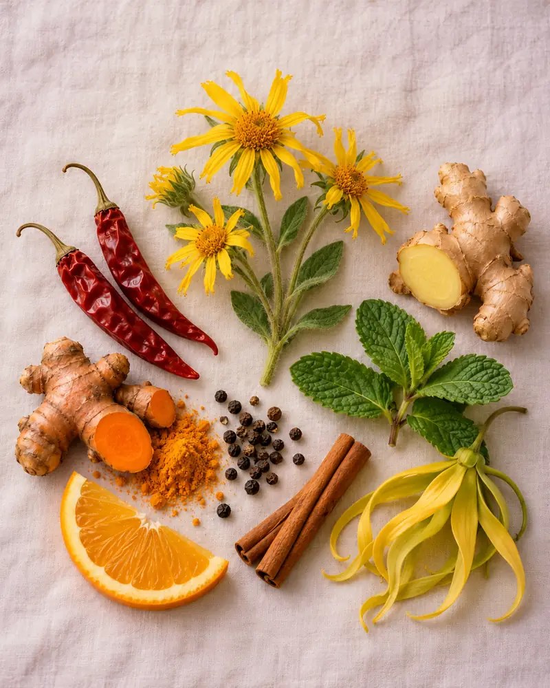 Arnica, red chili peppers, ginger, turmeric, black pepper, mint, cinnamon, orange and ylang ylang on linen