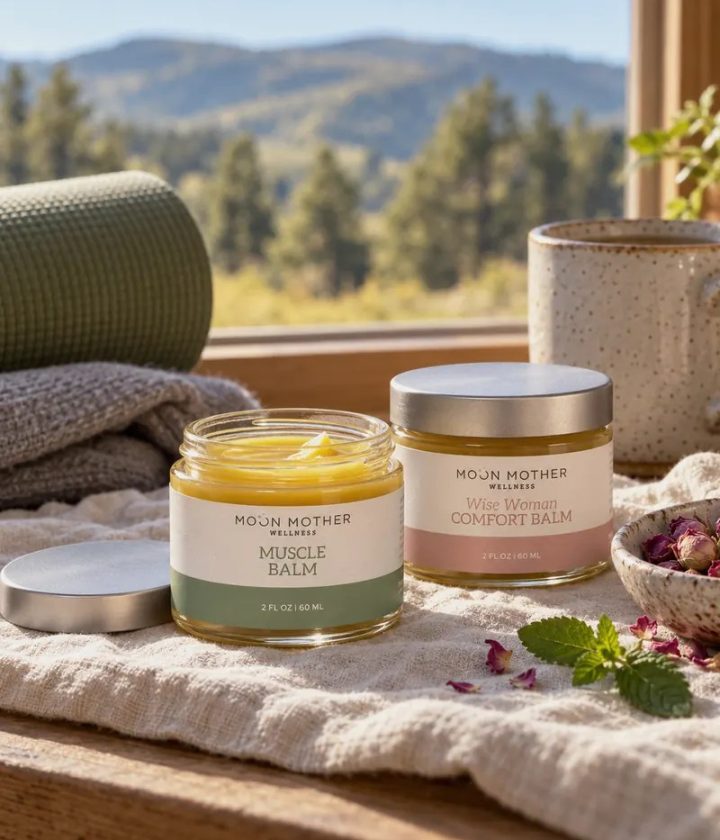 Open jar of Muscle Balm beside a jar of Wise Woman Comfort Balm on a linen towel in morning sun, with a rolled yoga mat, a mug and mountains outside the window