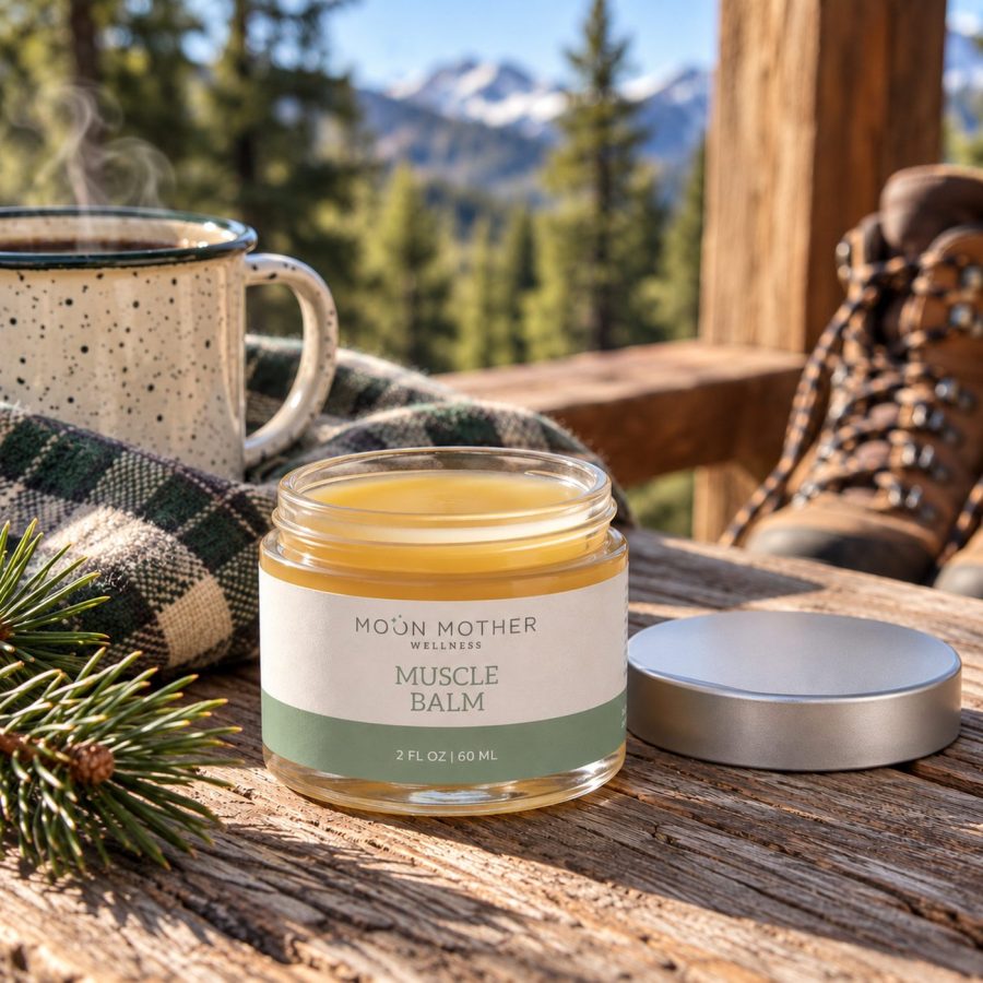 An open jar of Muscle Balm on a cabin porch with hiking boots