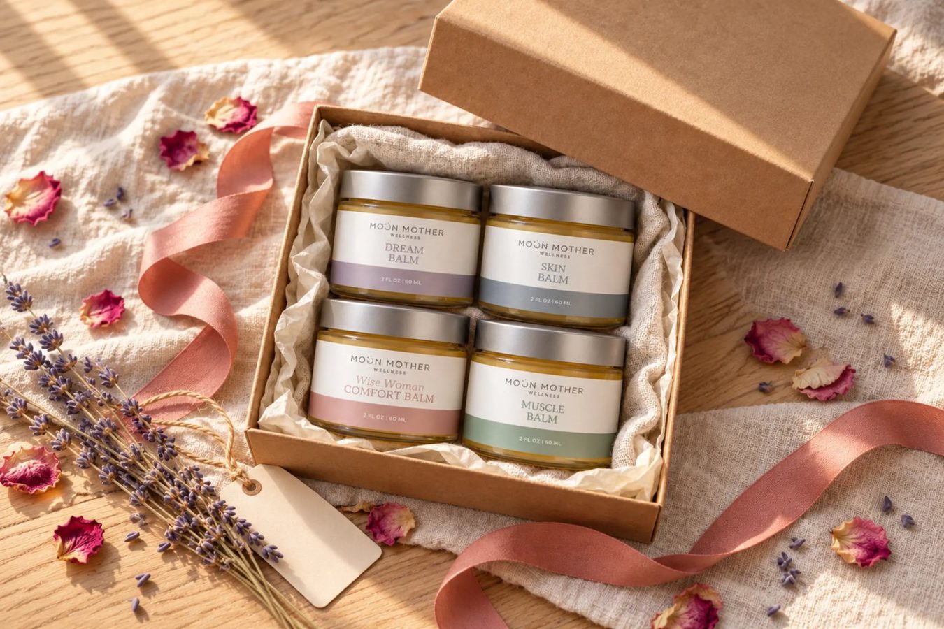Dream, Skin, Wise Woman Comfort and Muscle balm jars in a kraft gift box with tissue, rose ribbon, lavender and dried rose petals