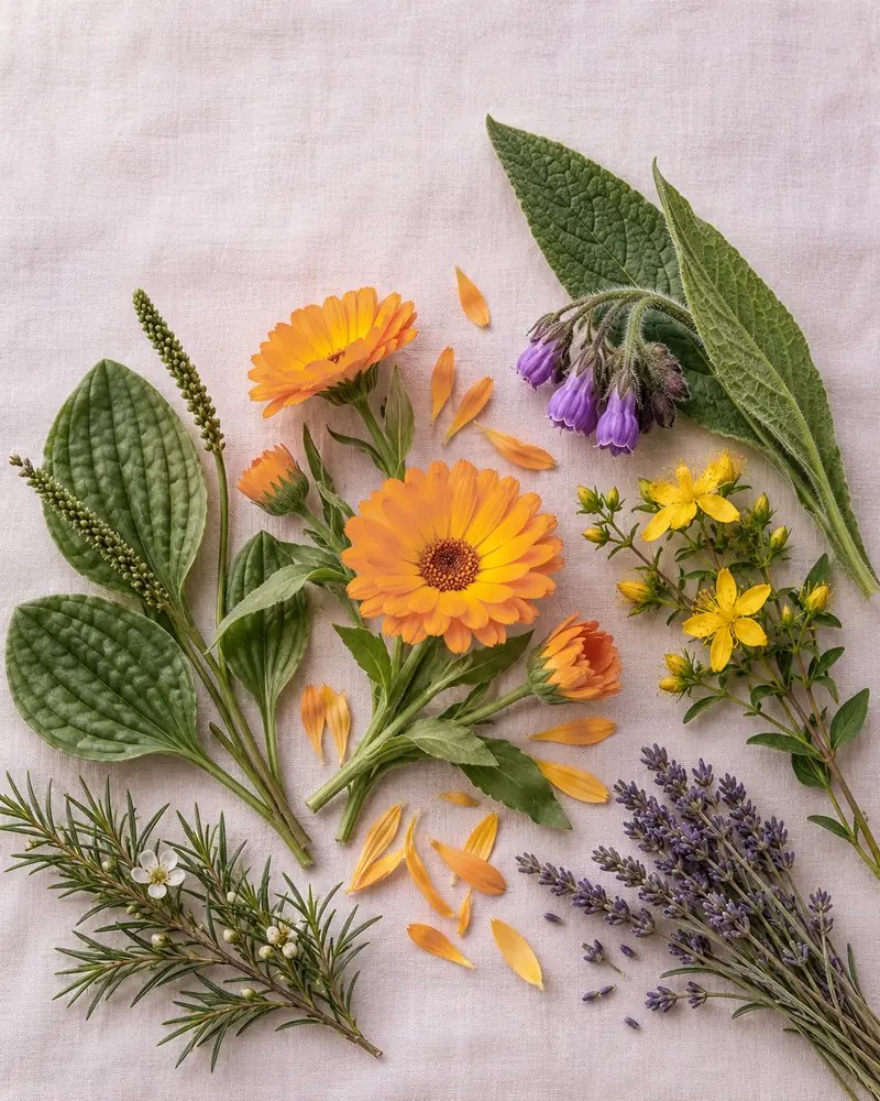Calendula, plantain, comfrey, St. John’s wort, tea tree and lavender laid out on linen