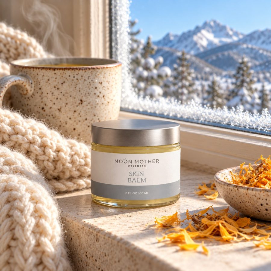 Moon Mother Wellness Skin Balm on a sunny windowsill beside a wool scarf, a mug of tea and calendula, with snowy mountains outside